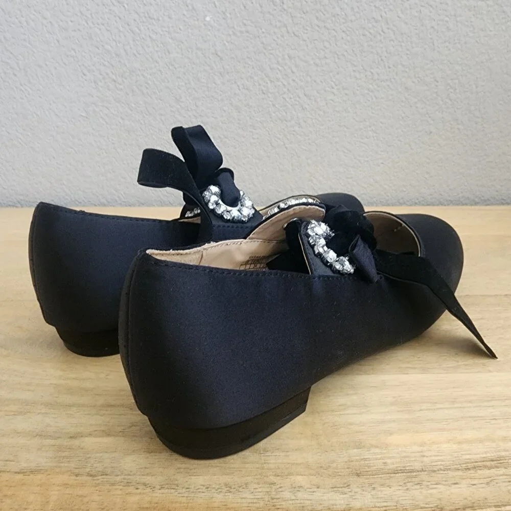 Badgley Mischka Girl Marina Grommet Satin Shoes Rhinestone Floral Black Size 3